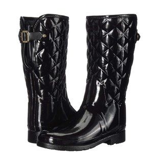 HUNTER Refined Gloss Quilted Short Waterproof Boot Black (Charcoal) Size 8